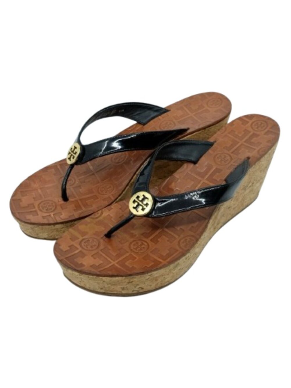 TORY BURCH~Thora Wedge~BLACK PATENT LEATHER PLATFORM CORK HEEL  Size 8.5